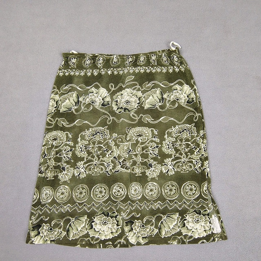 Vintage Wrapper Floral Skirt Women Large Green Knee Length Stretch USA 90s Boho